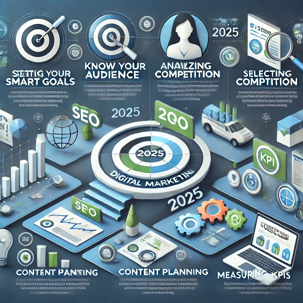 infografic pași plan marketing digital 2025: obiective SMART, SEO, PPC, Social Media, KPI-uri.